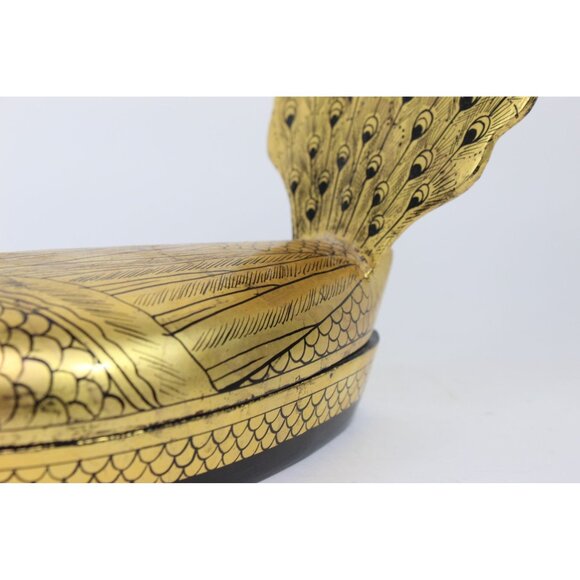 Vintage Lacquer Peacock Box • Hand Painted Kashmiri Papier Mache • Gold Black De - Picture 9 of 15